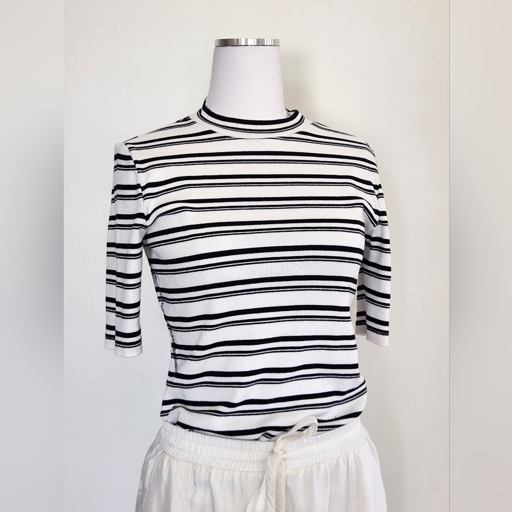 || MAEVE || Anthropologie Shirt Half Sleeves Black White Stripes Mock Neck Sz S